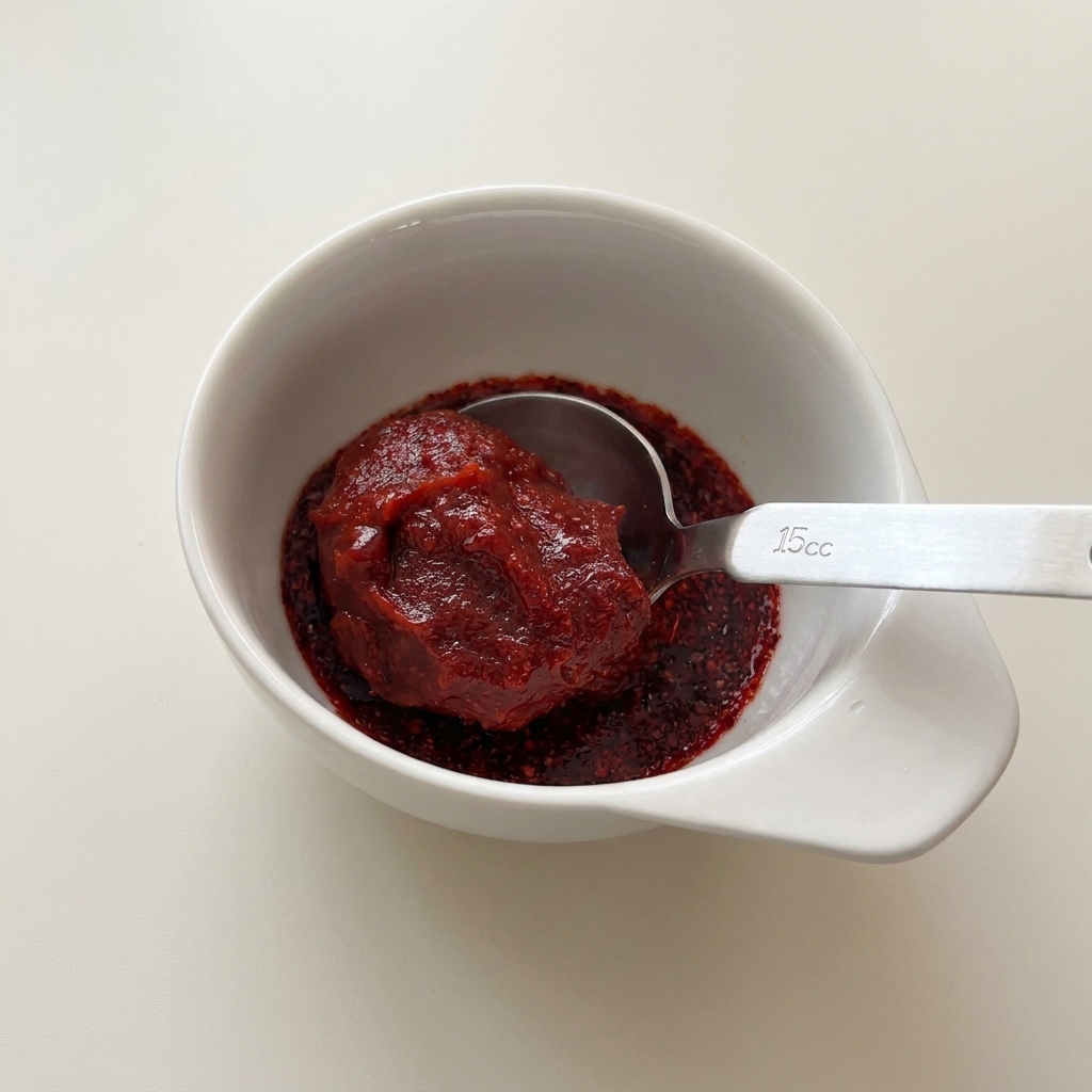 Ein Metalllöffel mit einem Klecks dunkelroter koreanischer Chilipaste über einer weißen Schüssel.