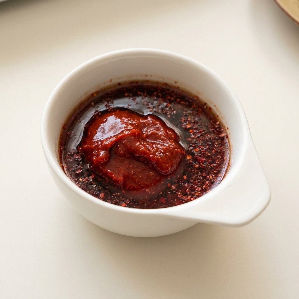 Eine kleine weiße Schüssel mit Chilipaste, Chilipulver und dunkler Flüssigkeit.