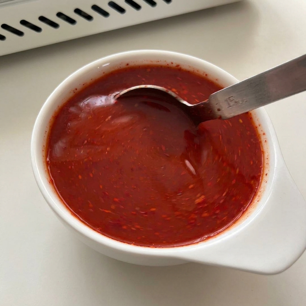 Eine leuchtend rote Chilisauce wird mit einem Metalllöffel in einer weißen Schüssel verrührt.