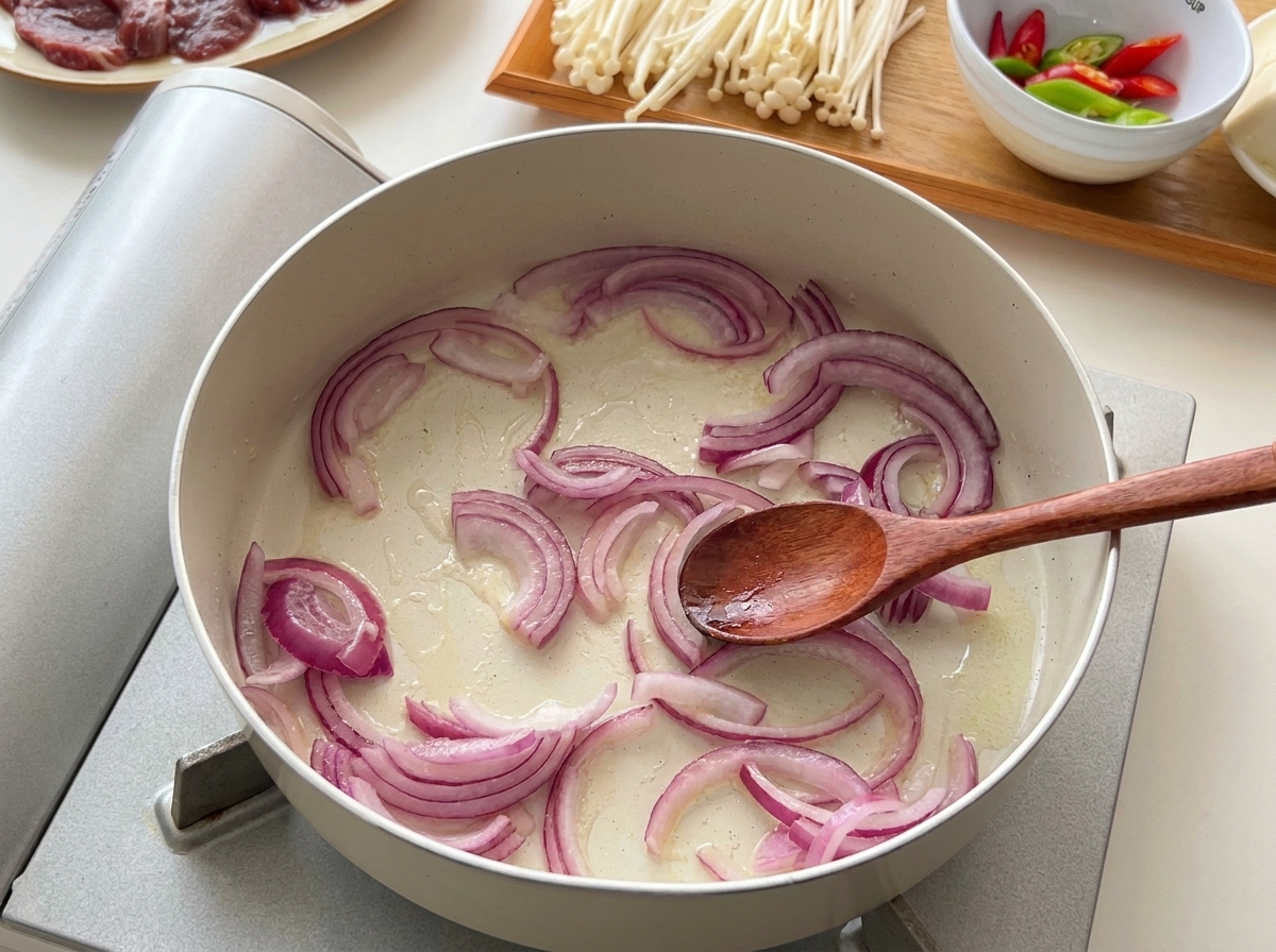 Rote Zwiebelscheiben werden mit einem Holzlöffel in einer Pfanne mit Öl angebraten.