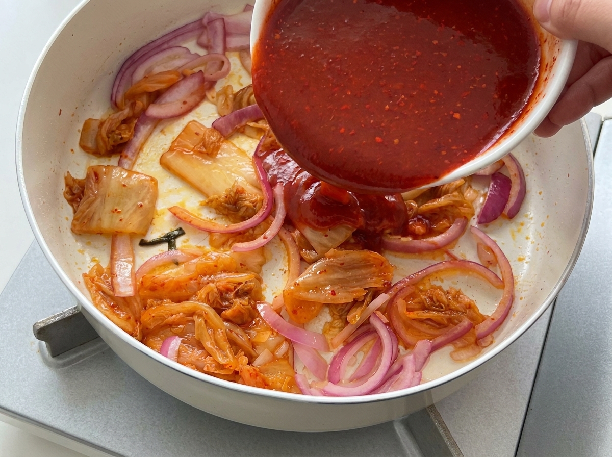 Rote Chilisauce wird über die Mischung aus Zwiebeln und Kimchi in der Pfanne gegossen.
