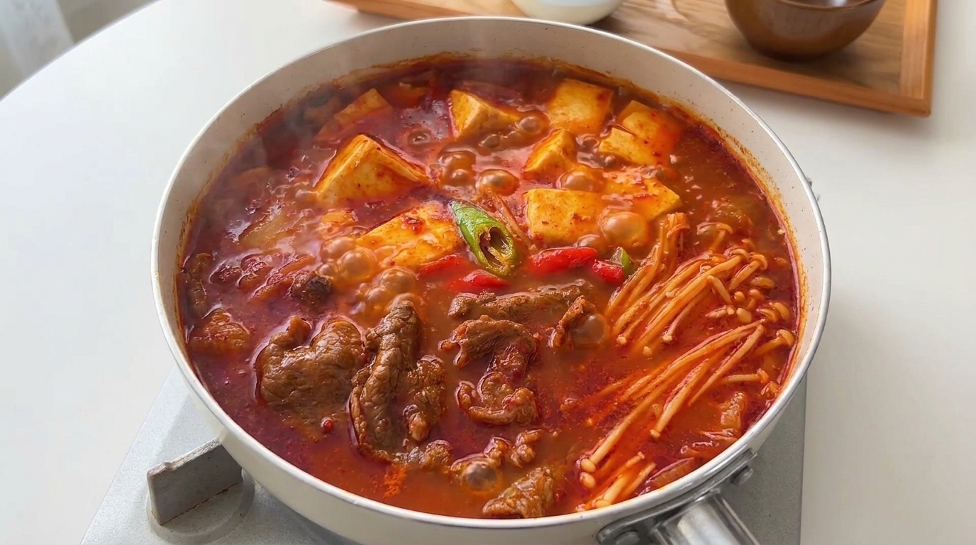 Scharfe koreanische Kimchi-Suppe mit Rindfleisch und Tofu