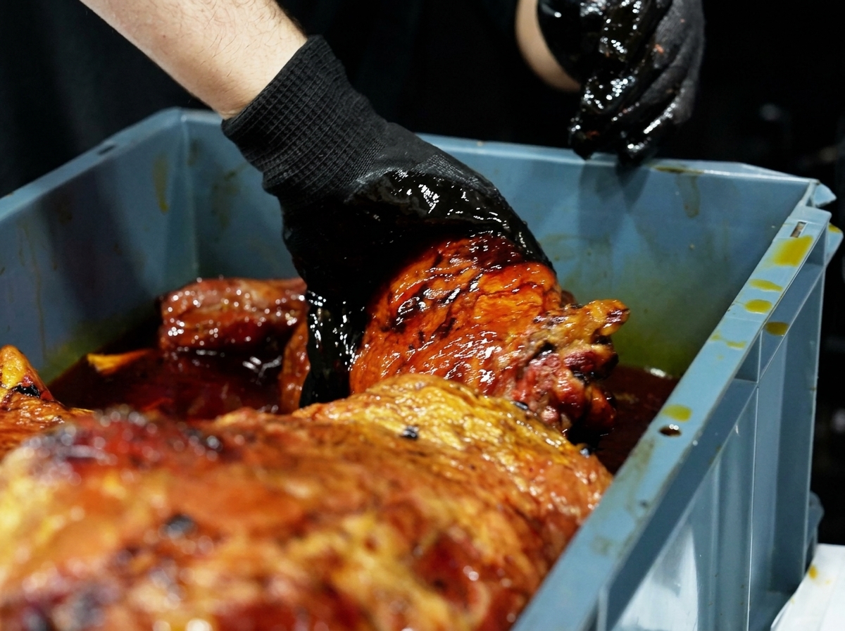 Hände legen ein großes Stück geräuchertes Rindfleisch in eine Wanne mit dunkler Marinade.