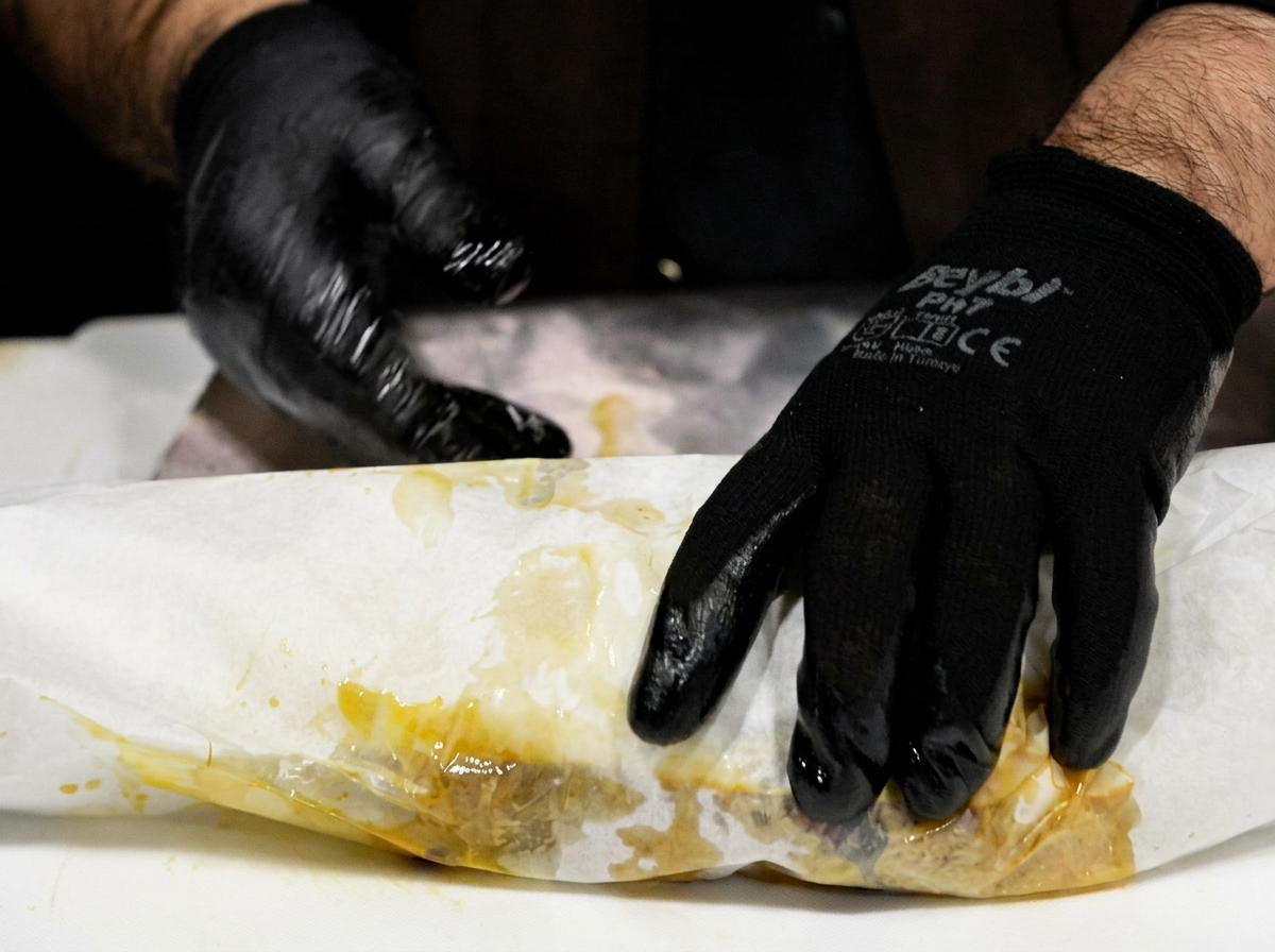Hände falten weißes Metzgerpapier fest um ein Stück mariniertes Fleisch.