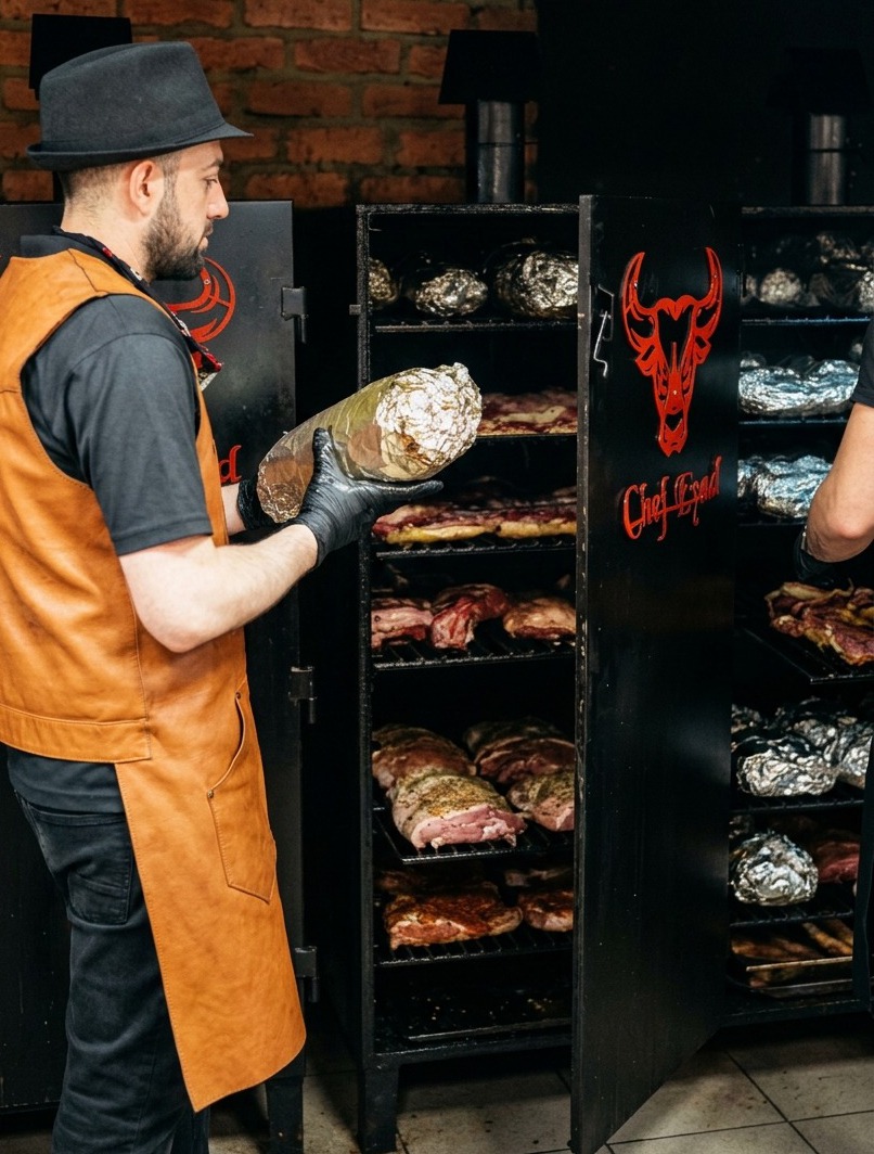 Ein Koch in einer Lederschürze legt ein in Folie gewickeltes Stück Fleisch in einen schwarzen Smoker.