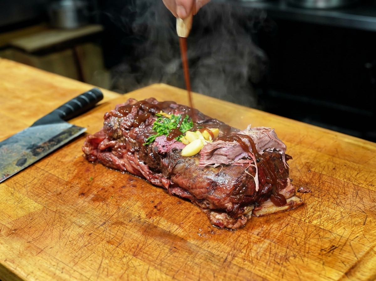 Ein geräuchertes Brisket mit Knoblauch und Kräutern wird mit einer dunklen Sauce beträufelt.