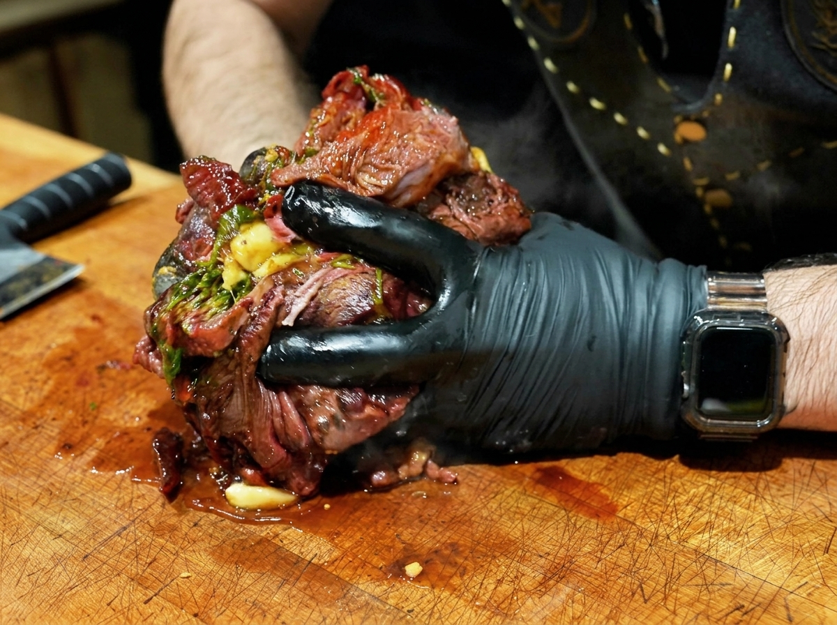 Hände zerteilen ein extrem zartes Brisket auf einem Holzblock.