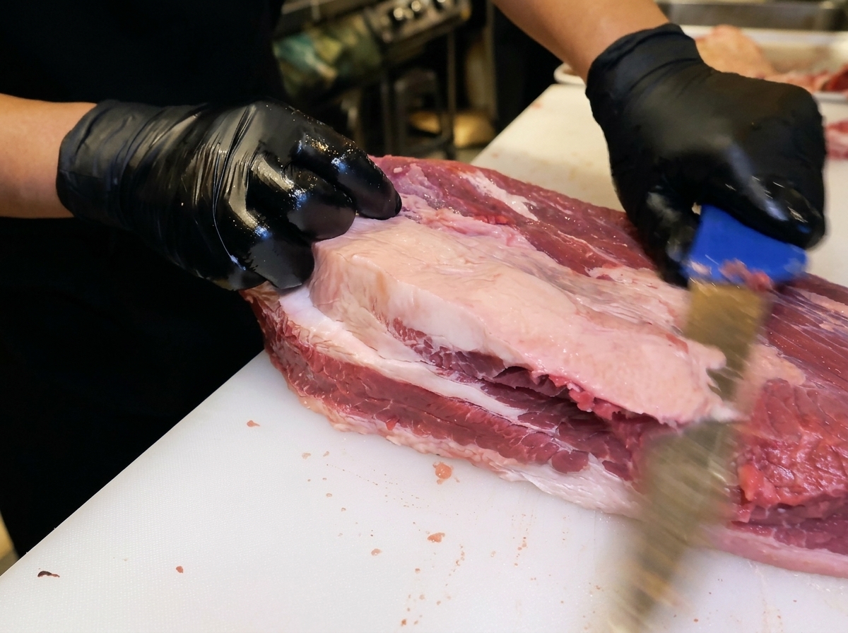 Hände in Handschuhen schneiden mit einem Messer eine dicke Fettschicht von einem großen Stück rohem Rindfleisch ab.