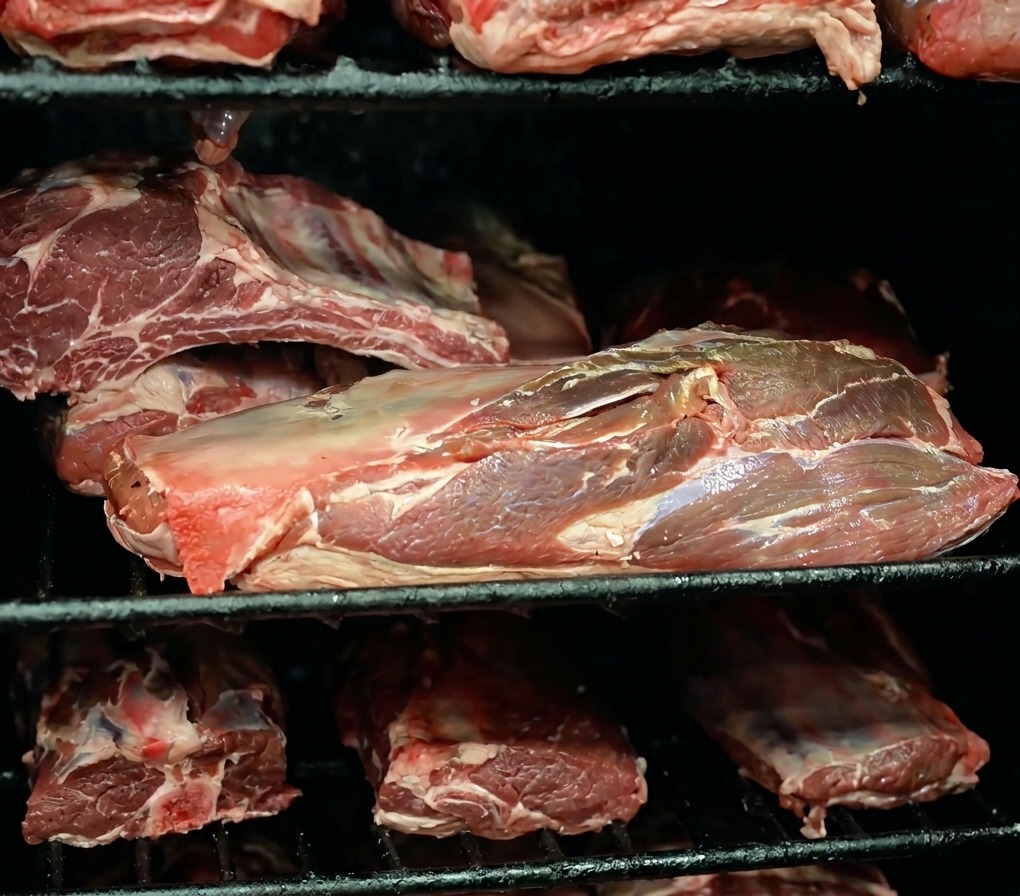 Große, rohe Stücke von Rinderbrust und Rippchen liegen auf den Metallrosten in einem dunklen Smoker.