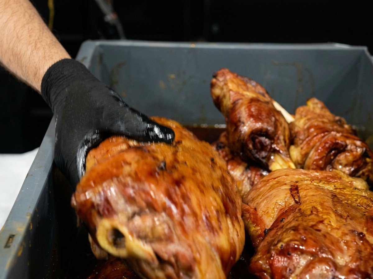 Eine Hand in Handschuhen legt ein großes Stück geräuchertes Fleisch in eine Wanne mit dunkler Marinade.
