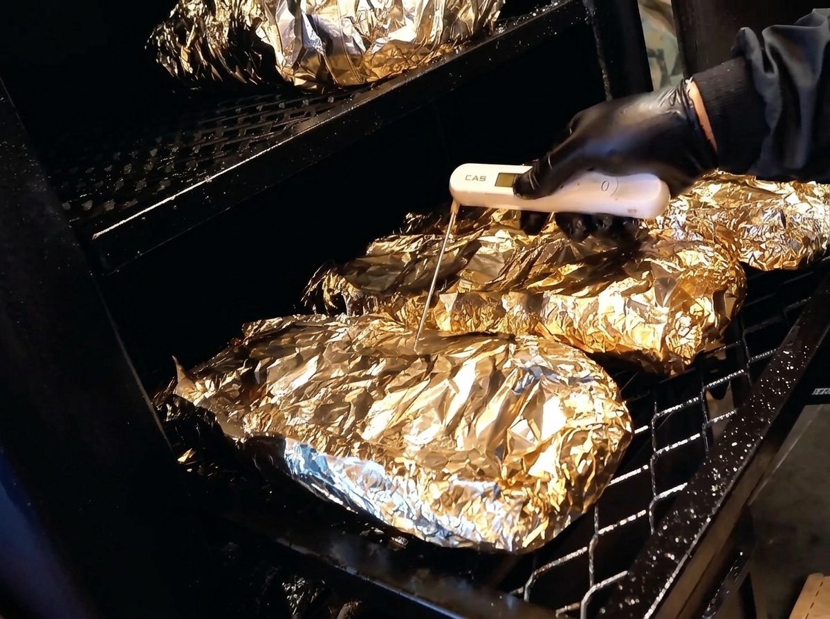 Ein Fleischthermometer wird durch die Alufolie in ein großes Stück Fleisch im Smoker gesteckt.
