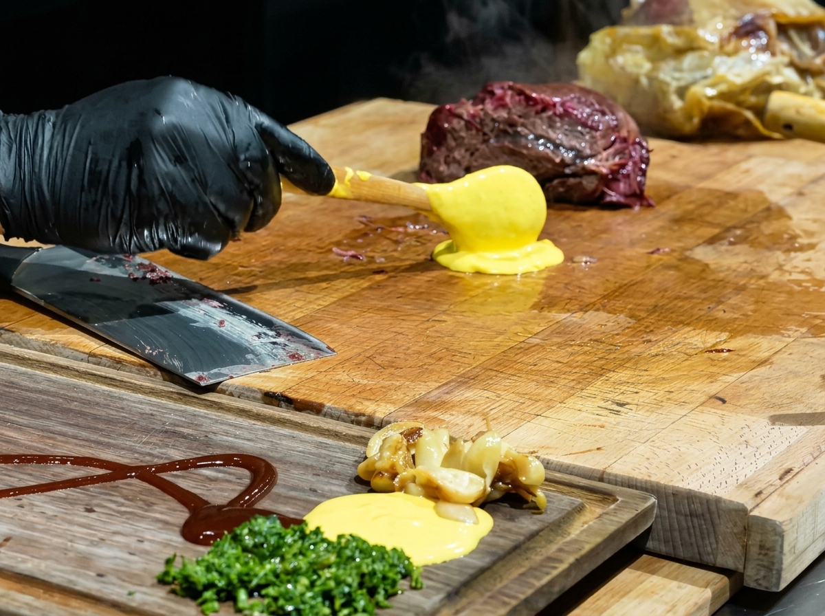 Geschmolzener gelber Käse wird kreisförmig auf einem großen Holzbrett verteilt.