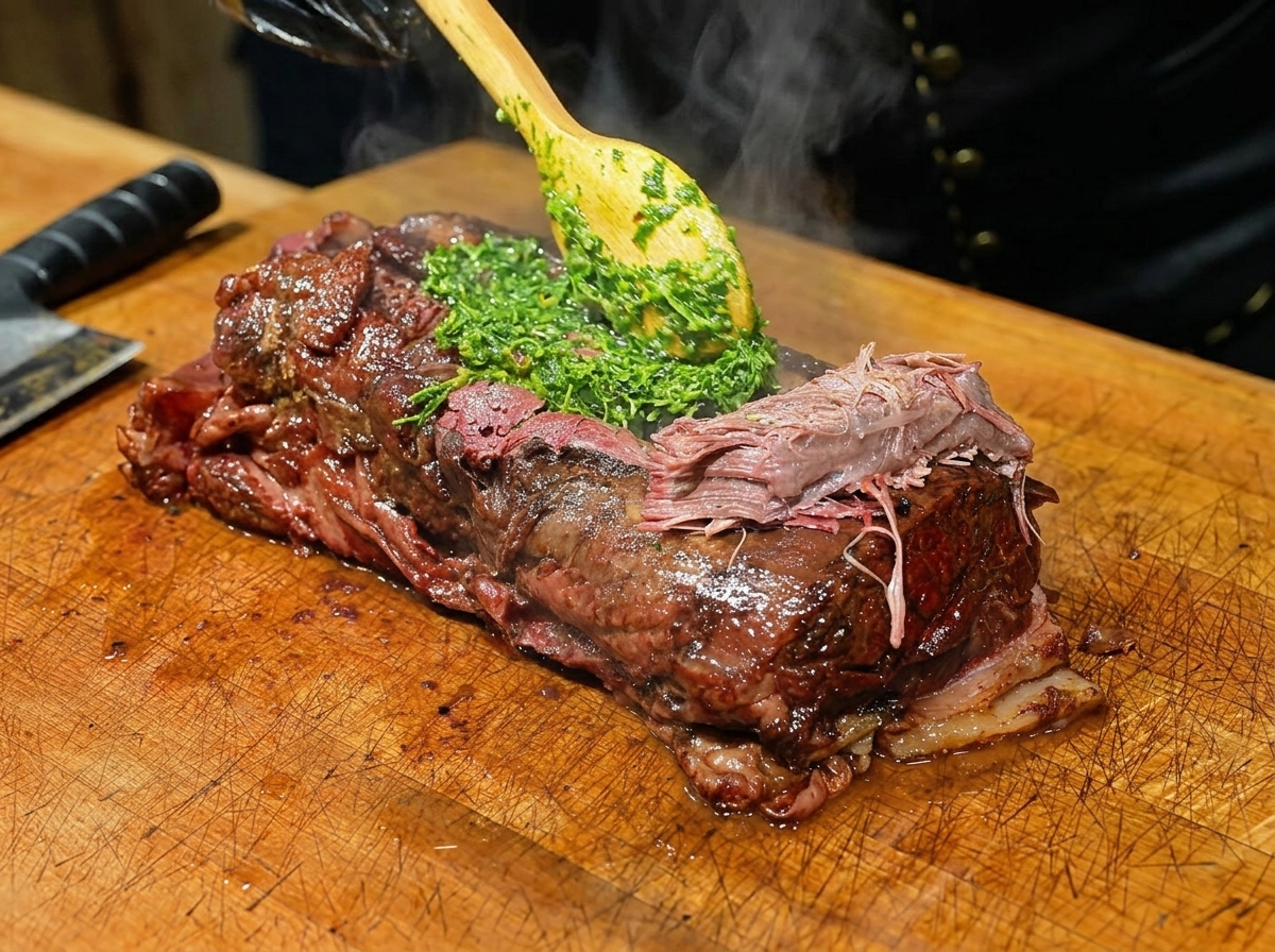 Grüne Kräuterpaste wird über weichem Knoblauch auf dem dunklen Fleisch verteilt.