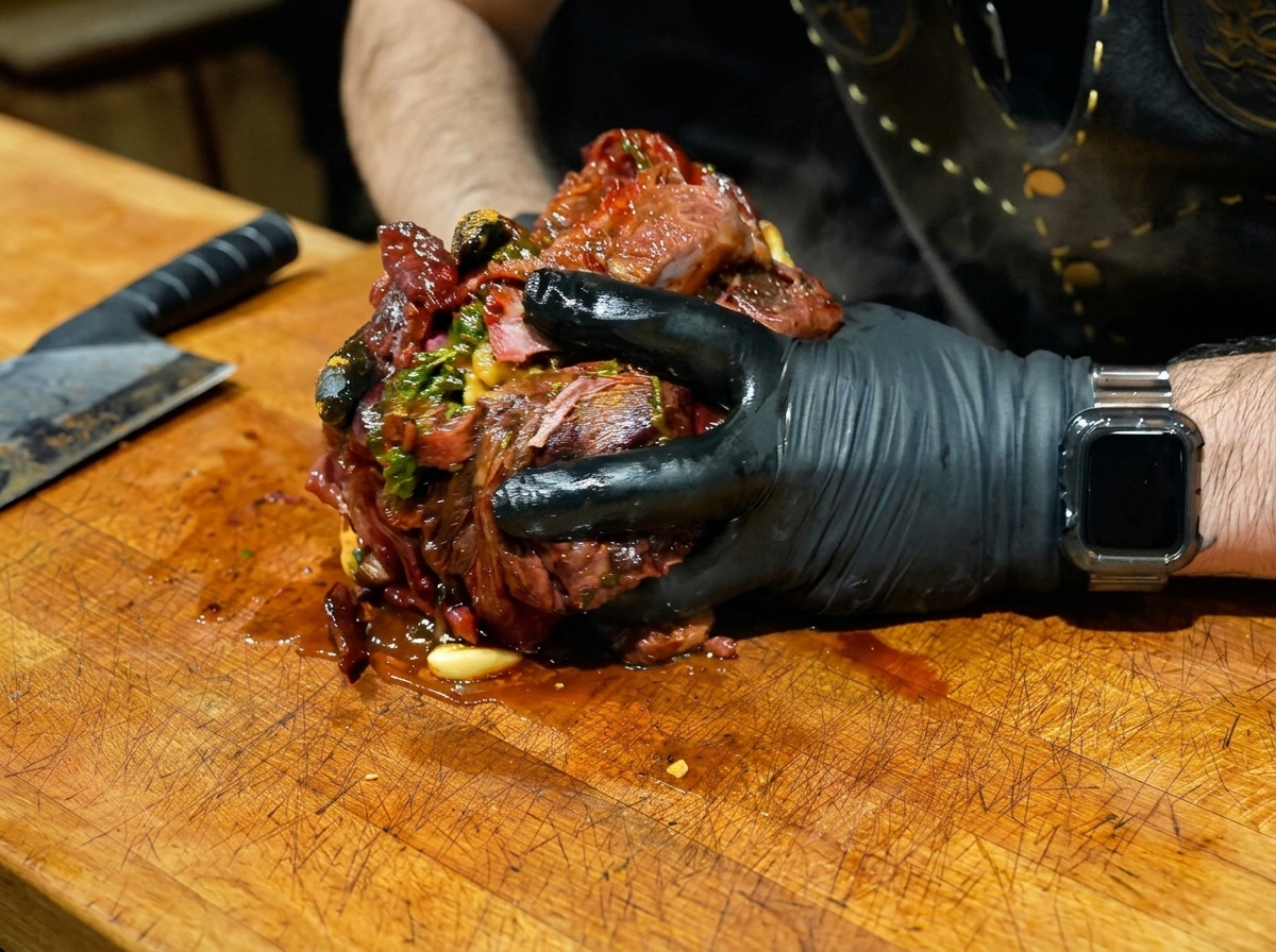 Hände in schwarzen Handschuhen zerdrücken und mischen einen Haufen heißes Pulled Beef mit Knoblauch und Kräutern.