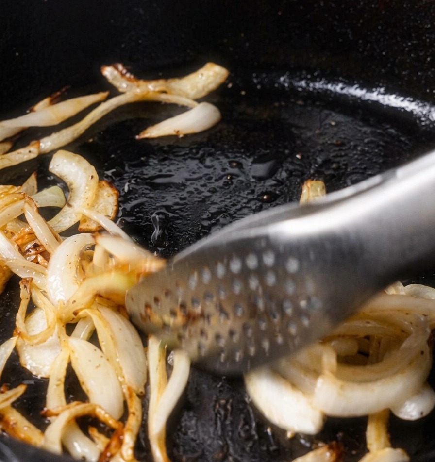 Karamellisierte Zwiebeln werden mit einer Grillzange in der Pfanne gewendet, deutlich gebräunt.