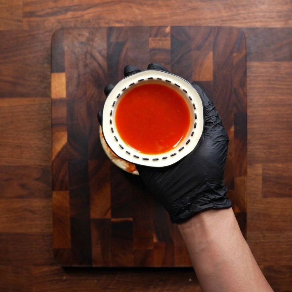 Eine Hand hält eine kleine weiße Schale mit kräftig rotem, trübem Kimchi-Saft vor dunklem Holzhintergrund.