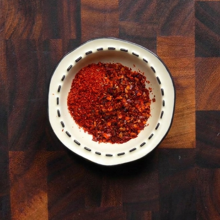 Eine kleine dekorative weiße Schale, gefüllt mit einer Mischung aus leuchtend roten feinen und groben koreanischen Chiliflocken.