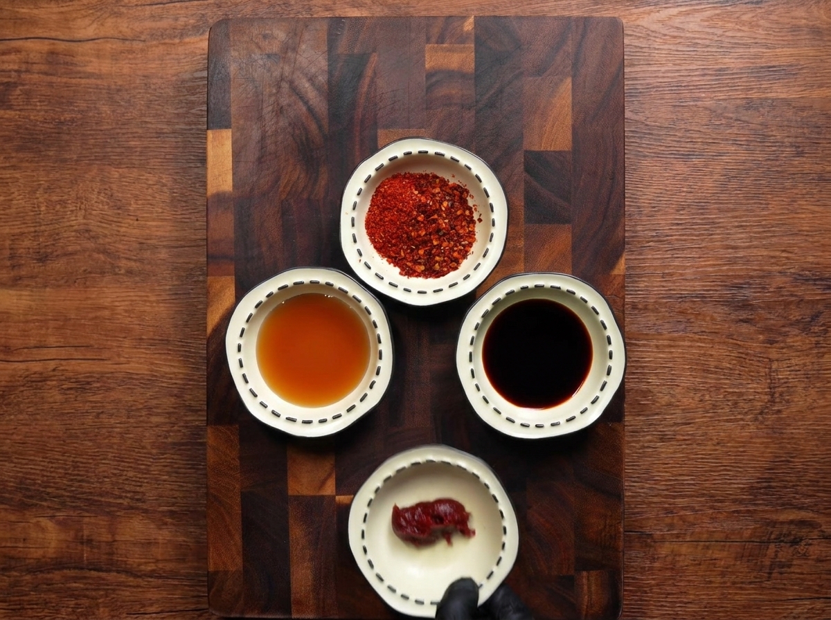 Draufsicht auf vier Schälchen mit Gewürzen, während eine Hand einen Löffel rote Gochujang-Paste hinzufügt.