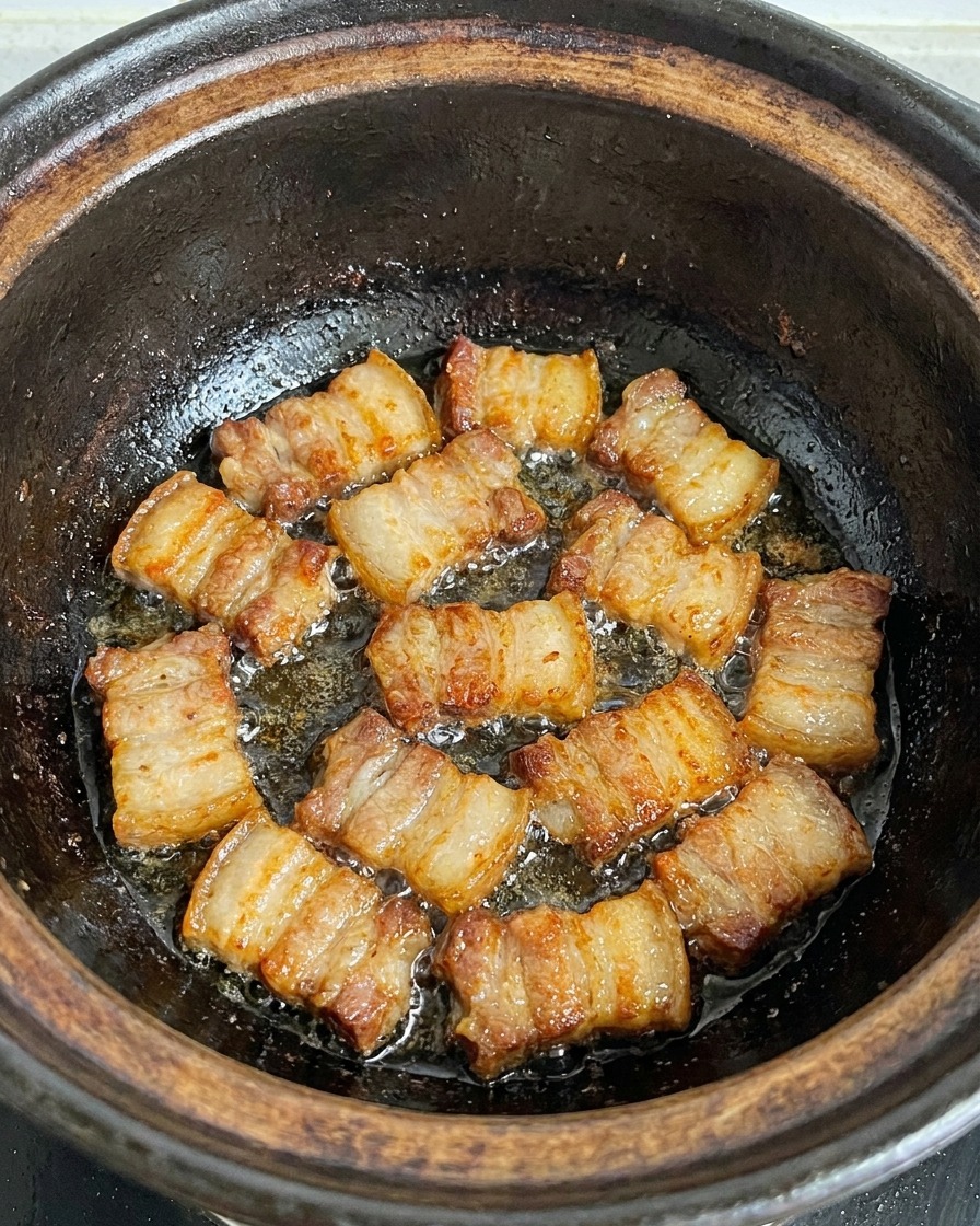 Schweinebauchscheiben brutzeln und bräunen in einem dunklen Tontopf in ihrem eigenen Fett.