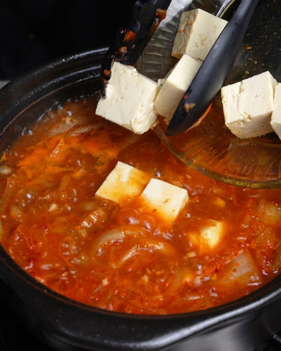 Frische weiße Tofuwürfel werden vorsichtig aus einer Schale in die kochende Suppe gleiten gelassen.