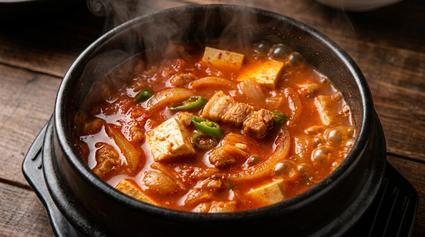 Authentischer Kimchi Jjigae (Koreanischer Eintopf mit Schweinebauch)