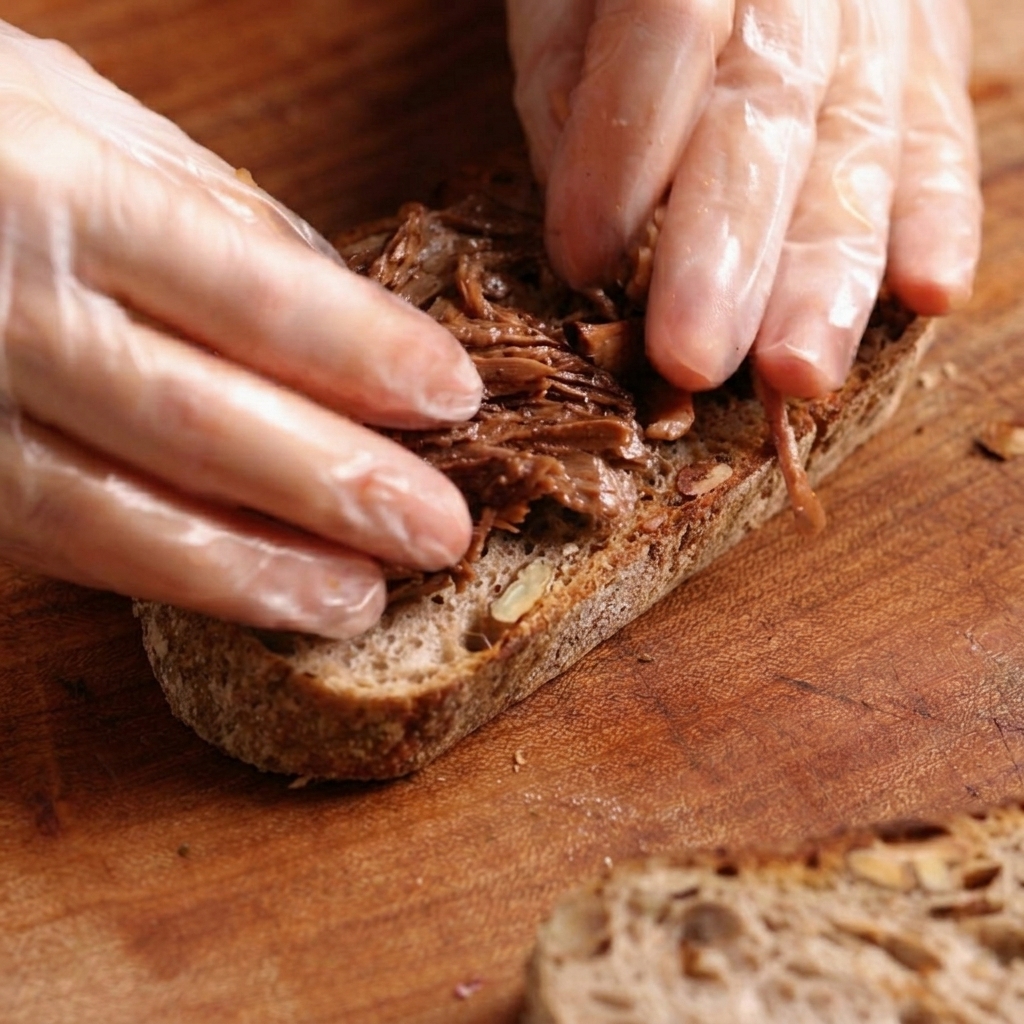 Eine großzügige Portion zerzupftes Rindfleisch wird auf eine Scheibe geröstetes Brot gehäuft.