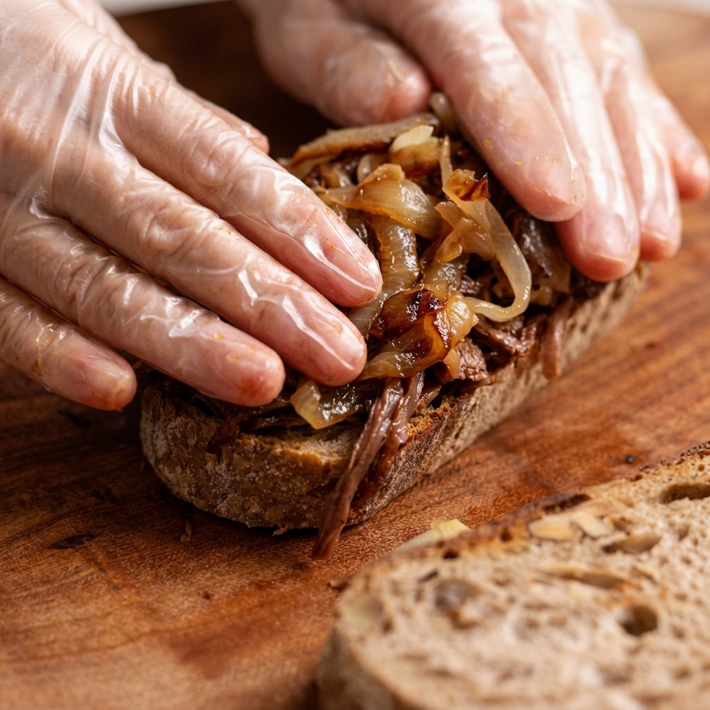 Karamellisierte Zwiebeln werden über das gezupfte Fleisch auf dem Brot geschichtet.
