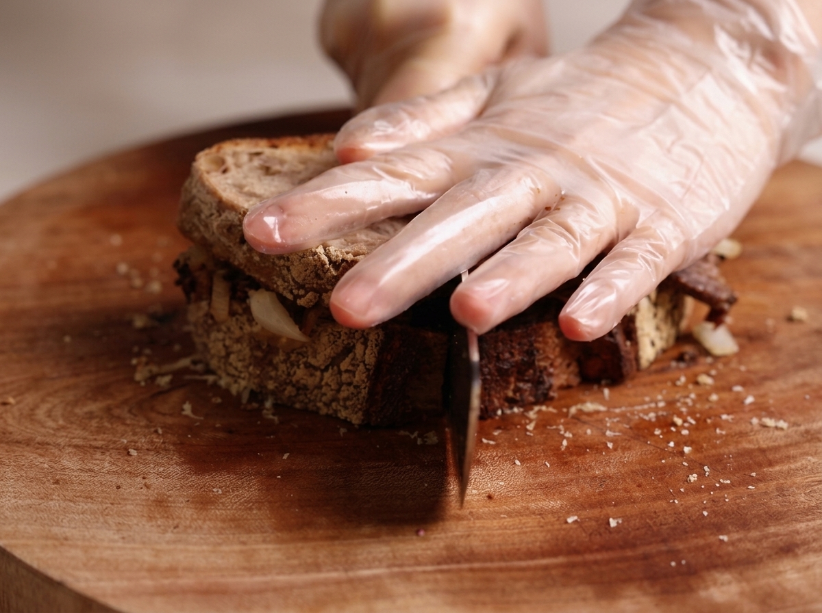 Ein fertig belegtes Sandwich wird mit einem großen Messer auf einem Holzbrett halbiert.