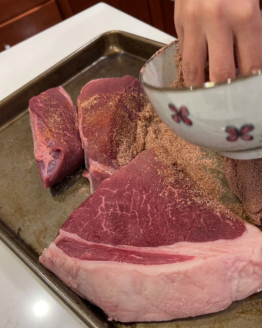 Eine Hand streut den Gewürz-Rub aus einer Schüssel über große Stücke rohes Rindfleisch auf einem Backblech.