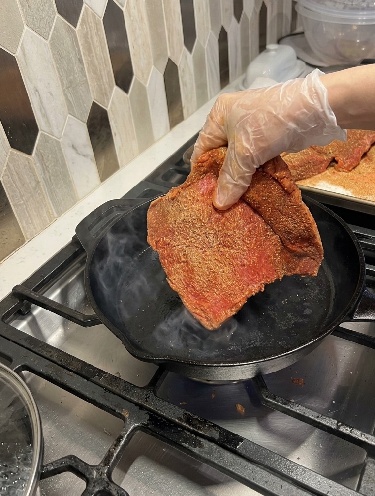 Eine Hand legt ein gewürztes Stück Rindfleisch in eine heiße gusseiserne Pfanne.