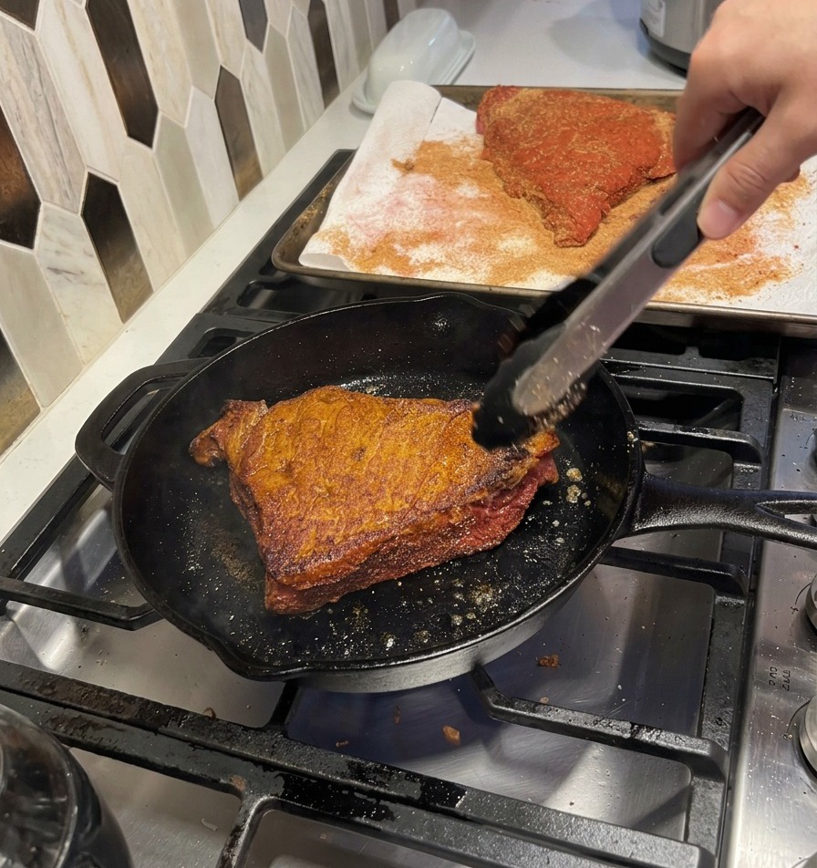 Mehrere Fleischstücke bräunen gleichmäßig in einer heißen gusseisernen Pfanne.