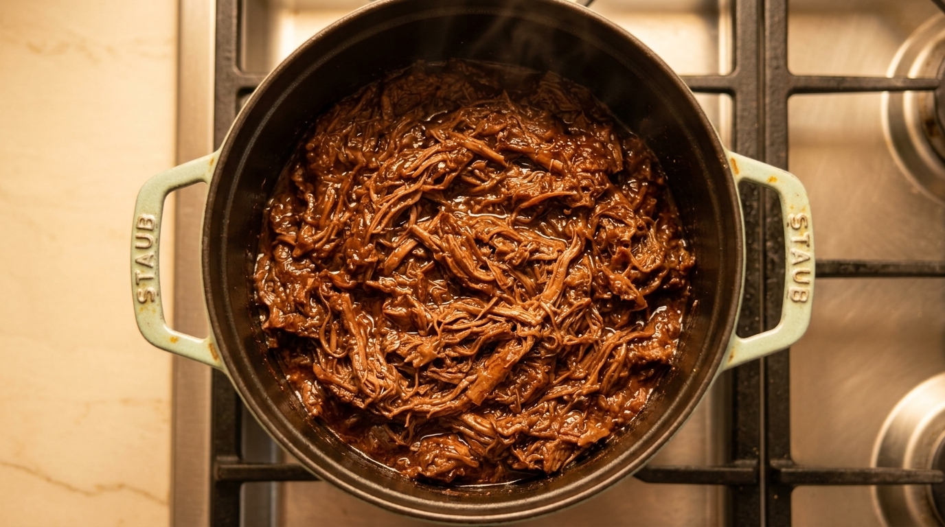 Zart geschmorter Rinderbraten, in feine Fasern gezupft und mit einer glänzenden BBQ-Sauce im gusseisernen Topf vermengt.