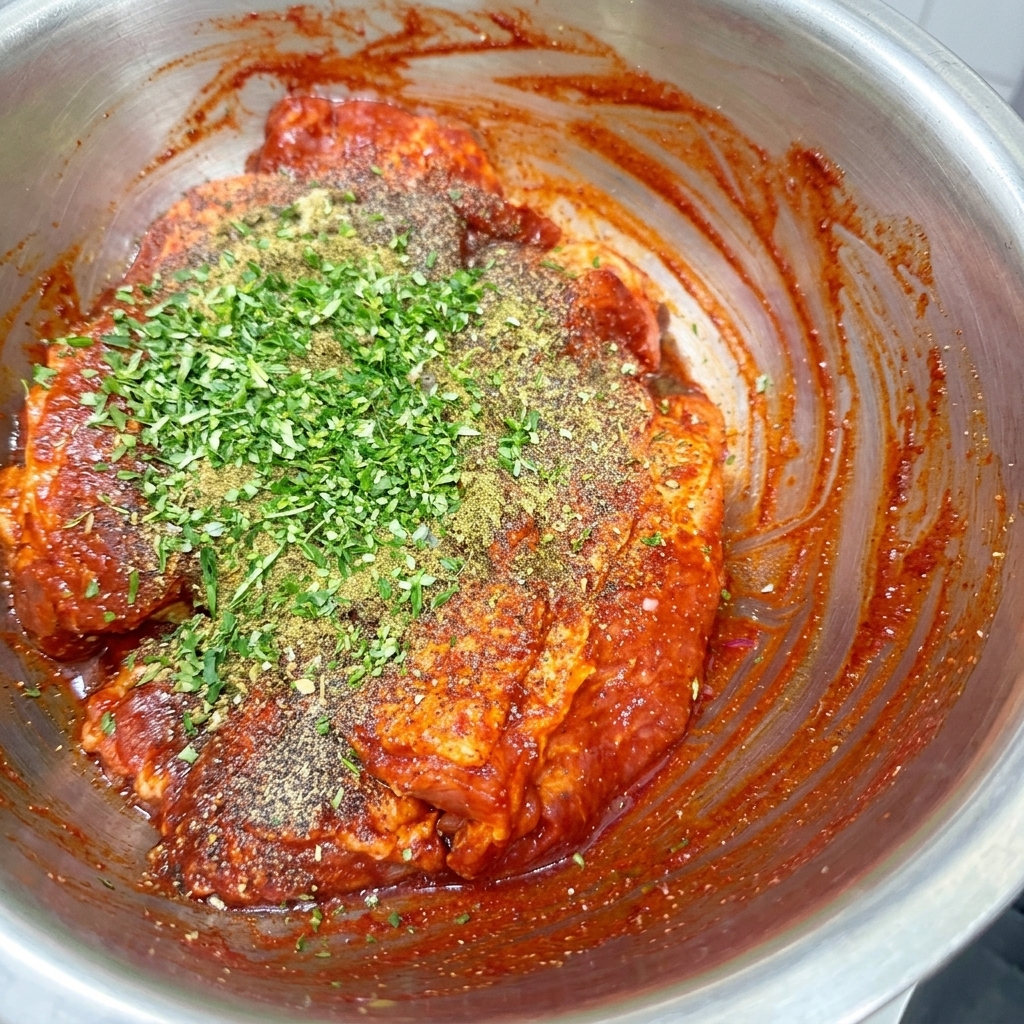Rohes Schweinefleisch in einer Metallschüssel, bestreut mit Paprika, Kräutern und Gewürzen.