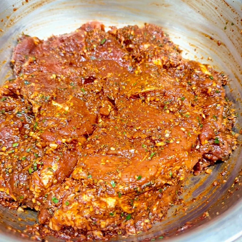 Vollständig in rötlicher Kräutermarinade überzogene Fleischstücke in einer Schüssel.