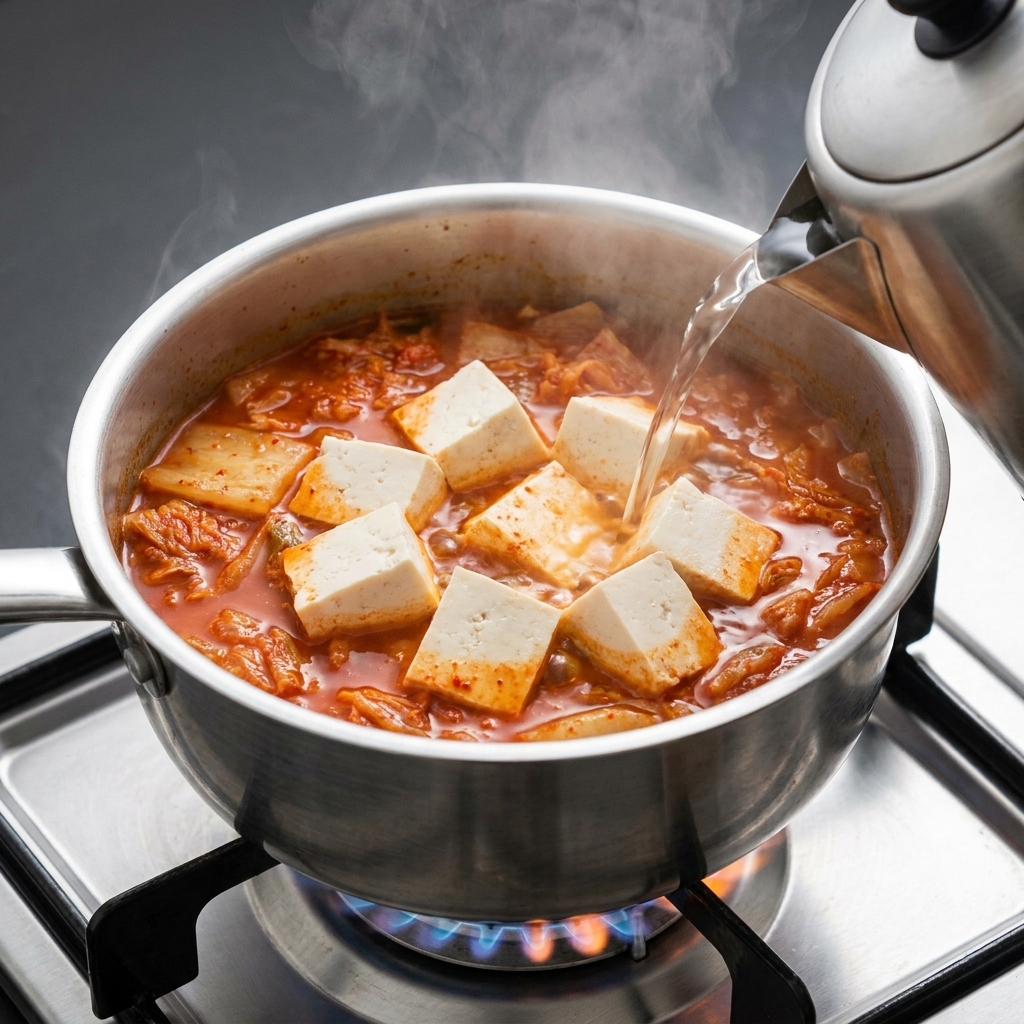 Heißes Wasser wird aus einem Metallkessel in den Topf mit Kimchi und Tofu gegossen.