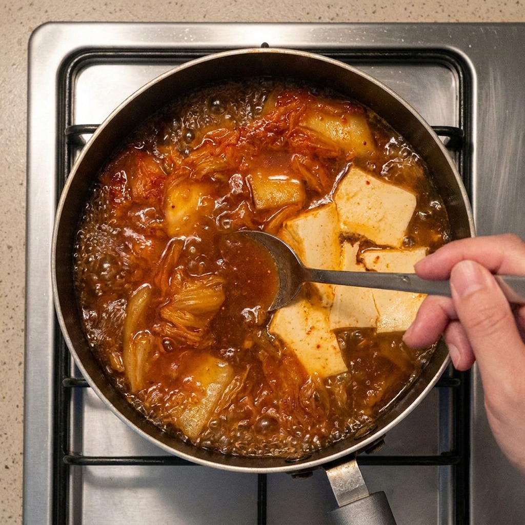 Ein Metalllöffel rührt die rote Brühe mit Tofu und Kimchi im Topf um.