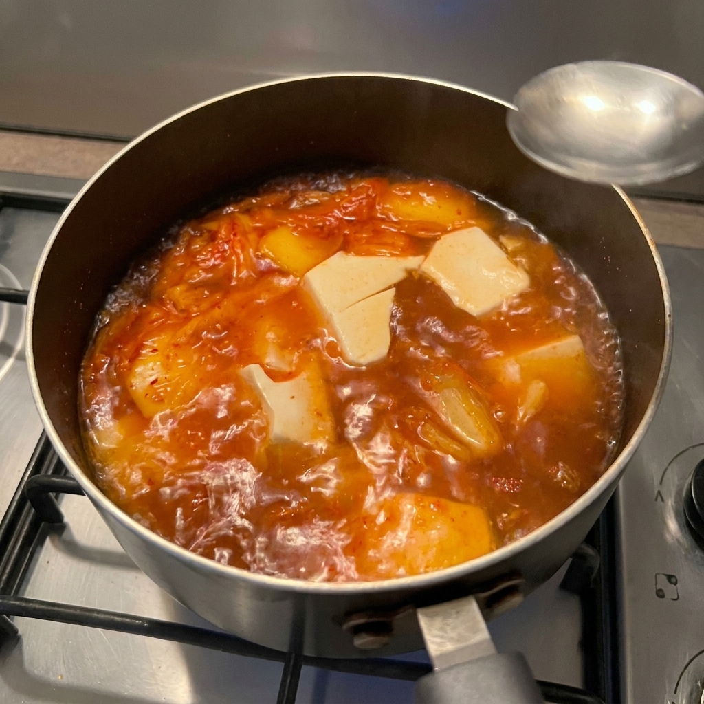 Ein Metalllöffel hält flüssige Würze über den köchelnden Topf mit Kimchi-Suppe.