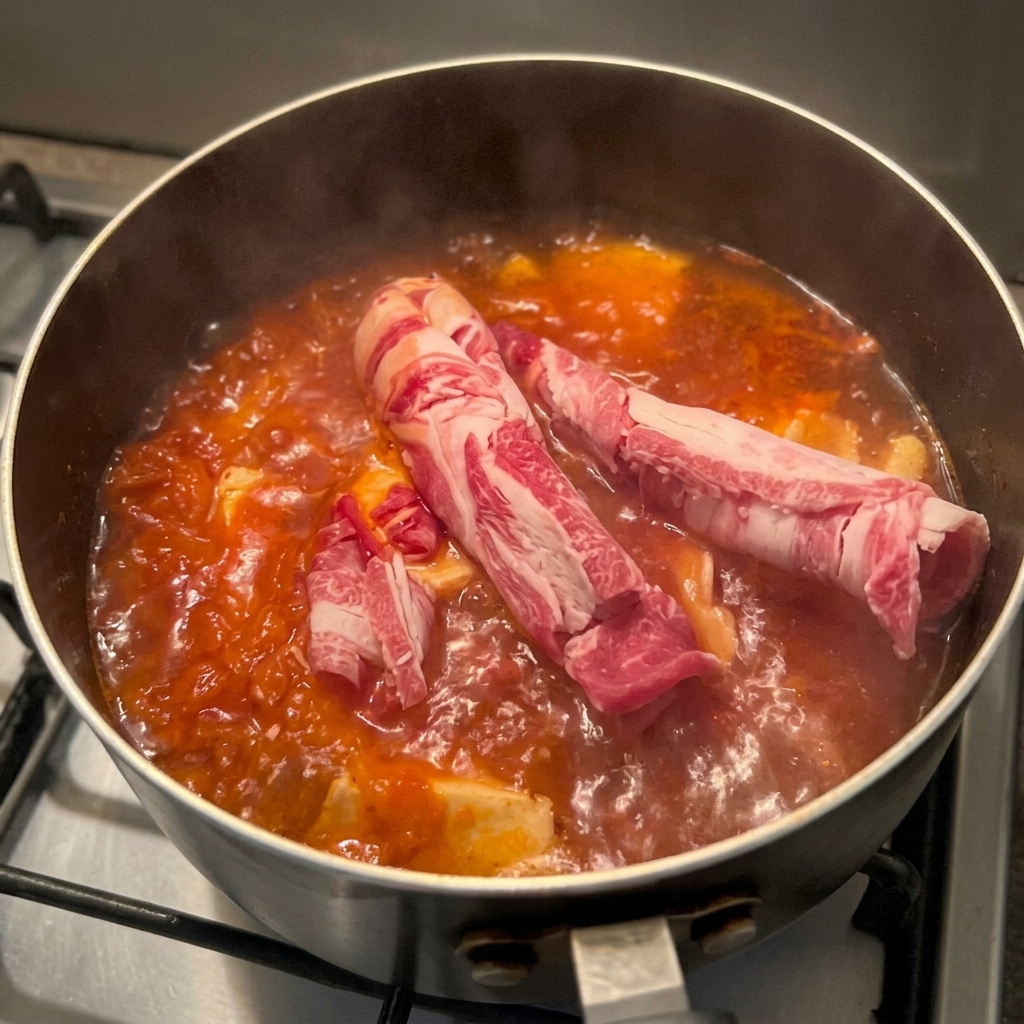 Hauchdünne rohe Rindfleischscheiben garen in der roten Suppe im Topf.