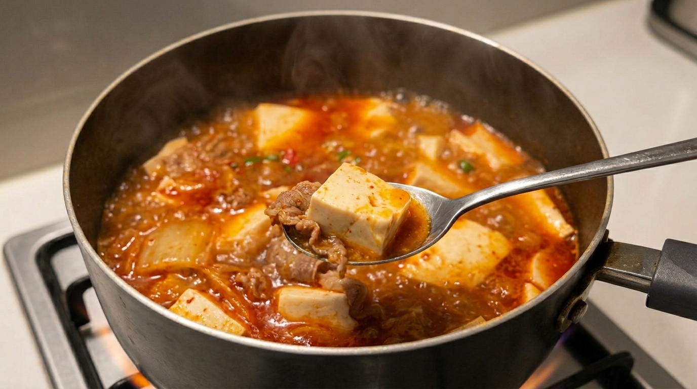 Schnelle Kimchi-Suppe mit Rindfleisch und Seidentofu