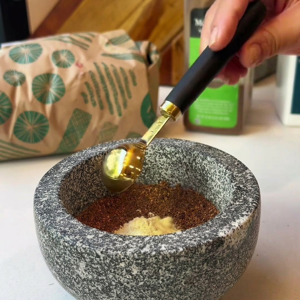 Ein goldener Messlöffel gibt Senfpulver zu einer Mischung aus Gewürzen und braunem Zucker in einen Steinmörser.