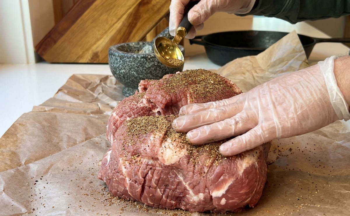Hände mit Handschuhen reiben eine dunkelrote Gewürzmischung auf ein großes Stück rohe Schweineschulter.