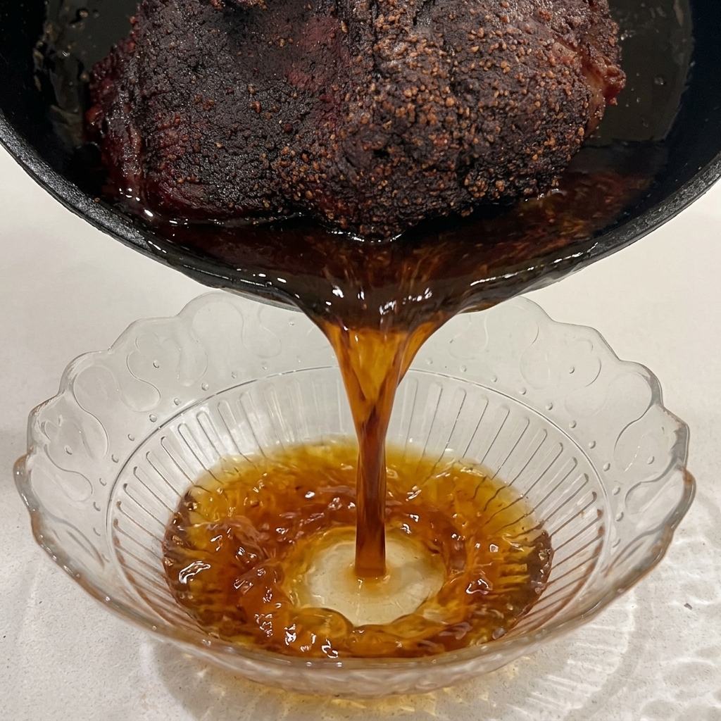 Dunkler, kräftiger Bratensaft wird aus einer Pfanne in eine Glasschüssel gegossen.