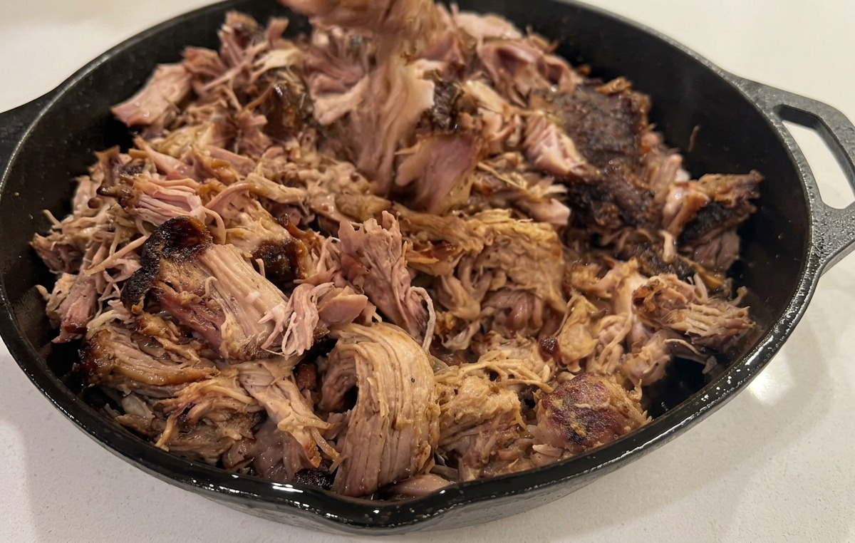 Zwei Gabeln zupfen zarte, gegarte Schweineschulter in einer gusseisernen Pfanne auseinander.