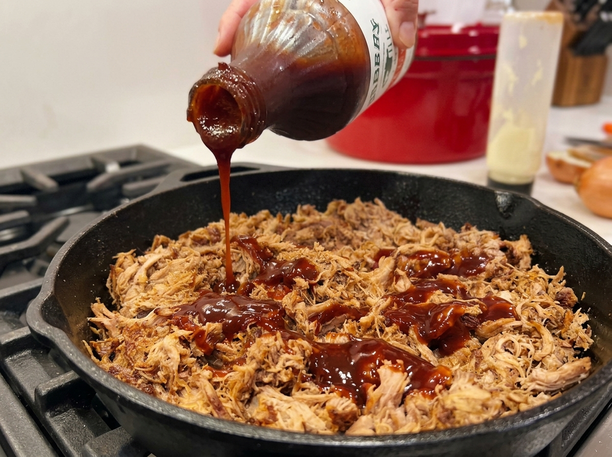 Dunkle Barbecue-Sauce wird aus einer Flasche über das gezupfte Fleisch gegossen.