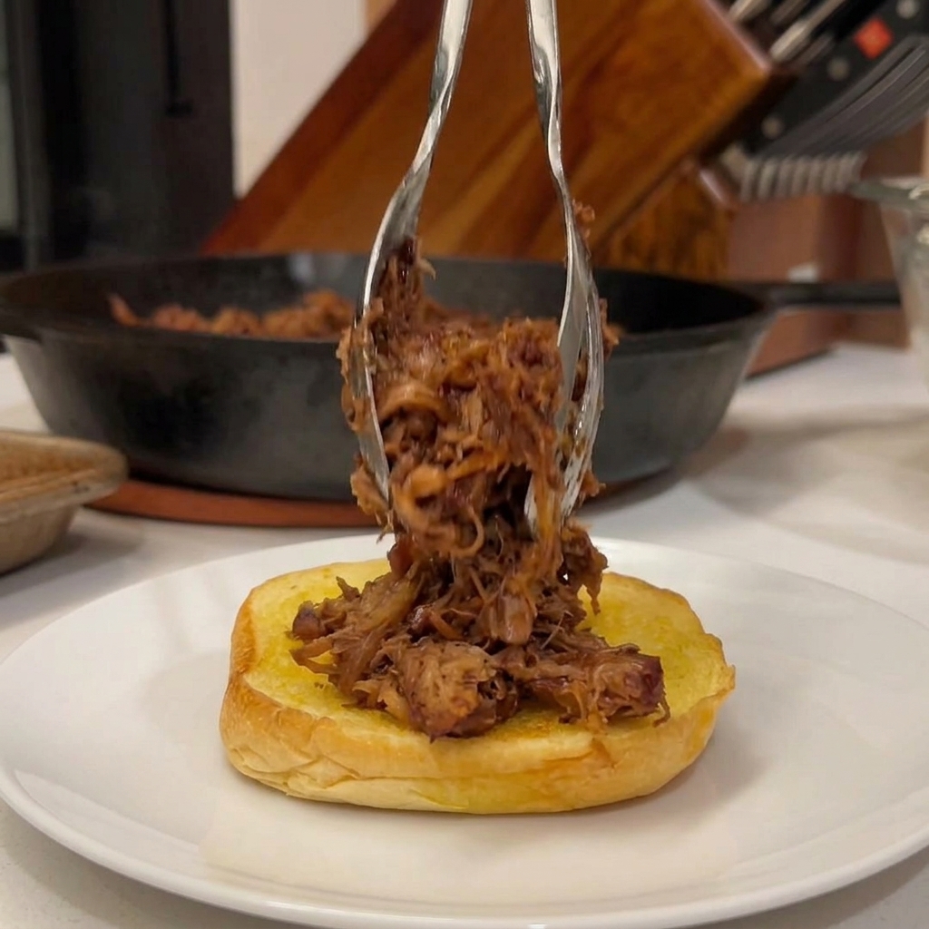 Eine Metallzange platziert eine Portion BBQ Pulled Pork auf ein geröstetes Brötchen.