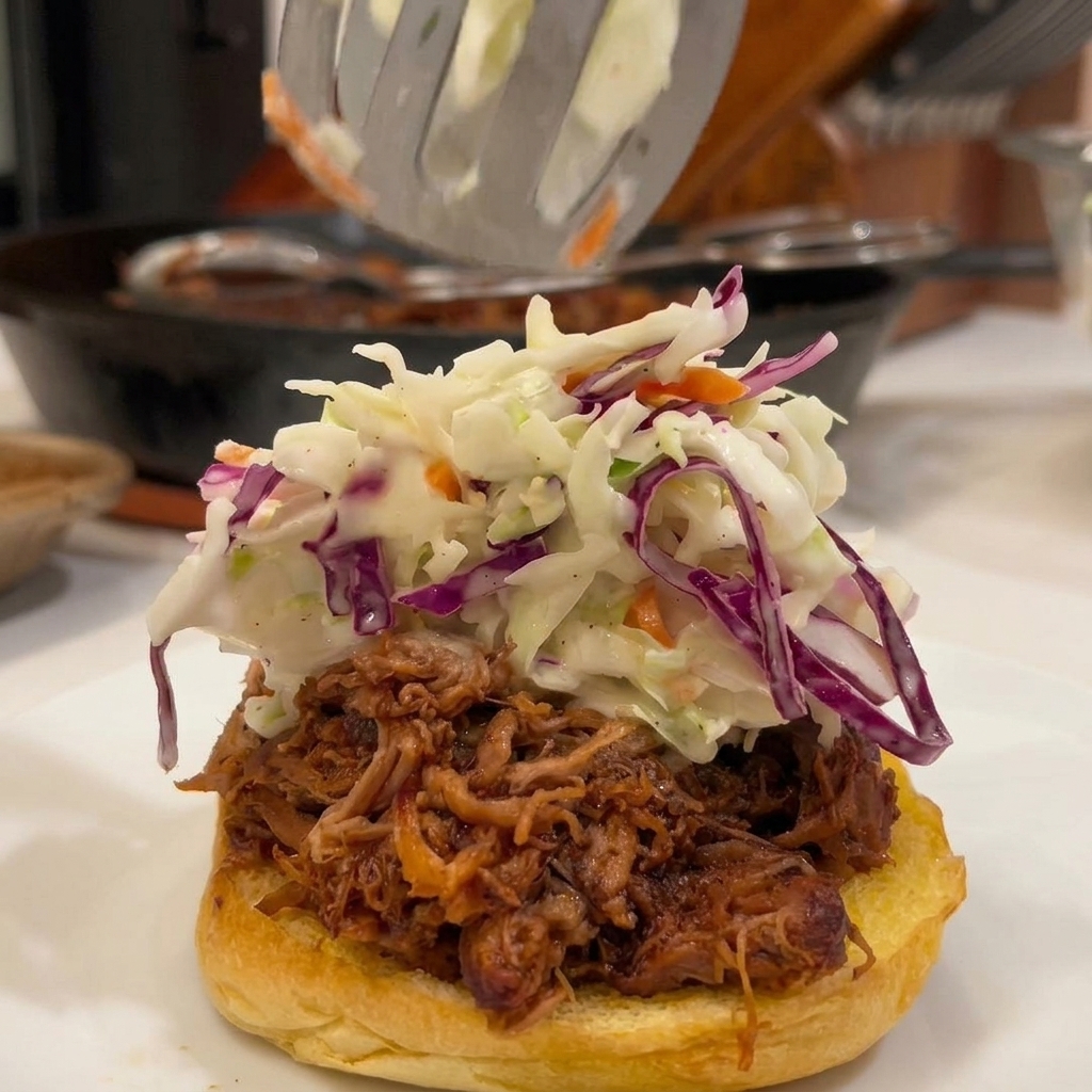 Ein Schaumlöffel gibt cremigen Krautsalat auf einen Pulled Pork Burger.