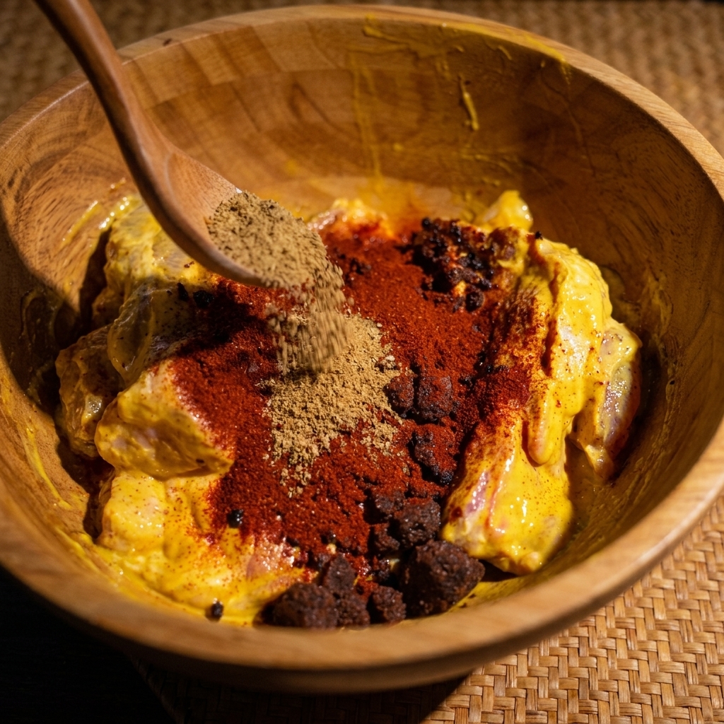Ein Holzlöffel fügt trockene Gewürze wie Paprika, Kreuzkümmel und braunen Zucker zu dem mit Senf bestrichenen Fleisch hinzu.