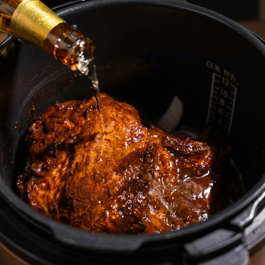Helles Bier wird in den Schnellkochtopf über das Fleisch und die Zwiebeln gegossen.