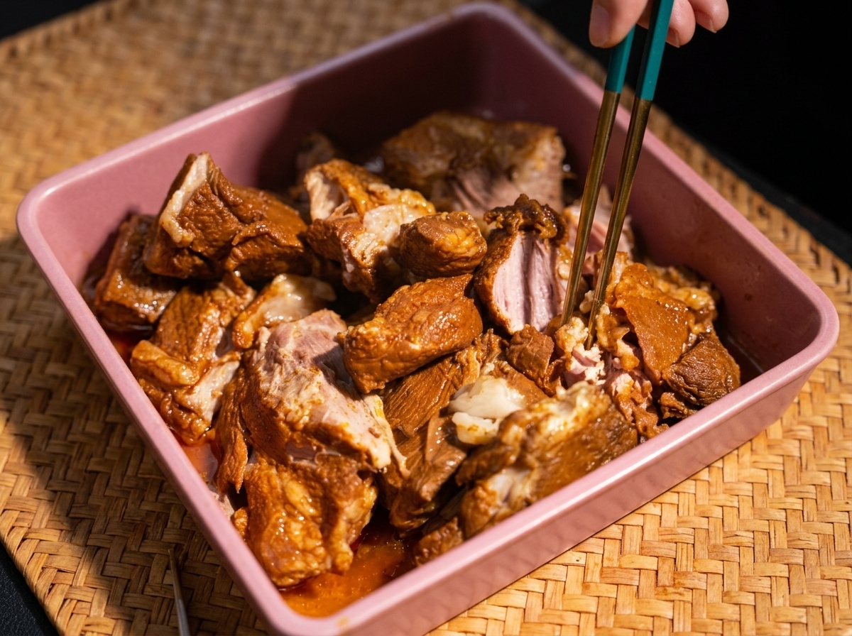 Große Stücke des gegarten, zarten Schweinefleischs werden mit zwei Gabeln in einer flachen Schale auseinandergezogen.