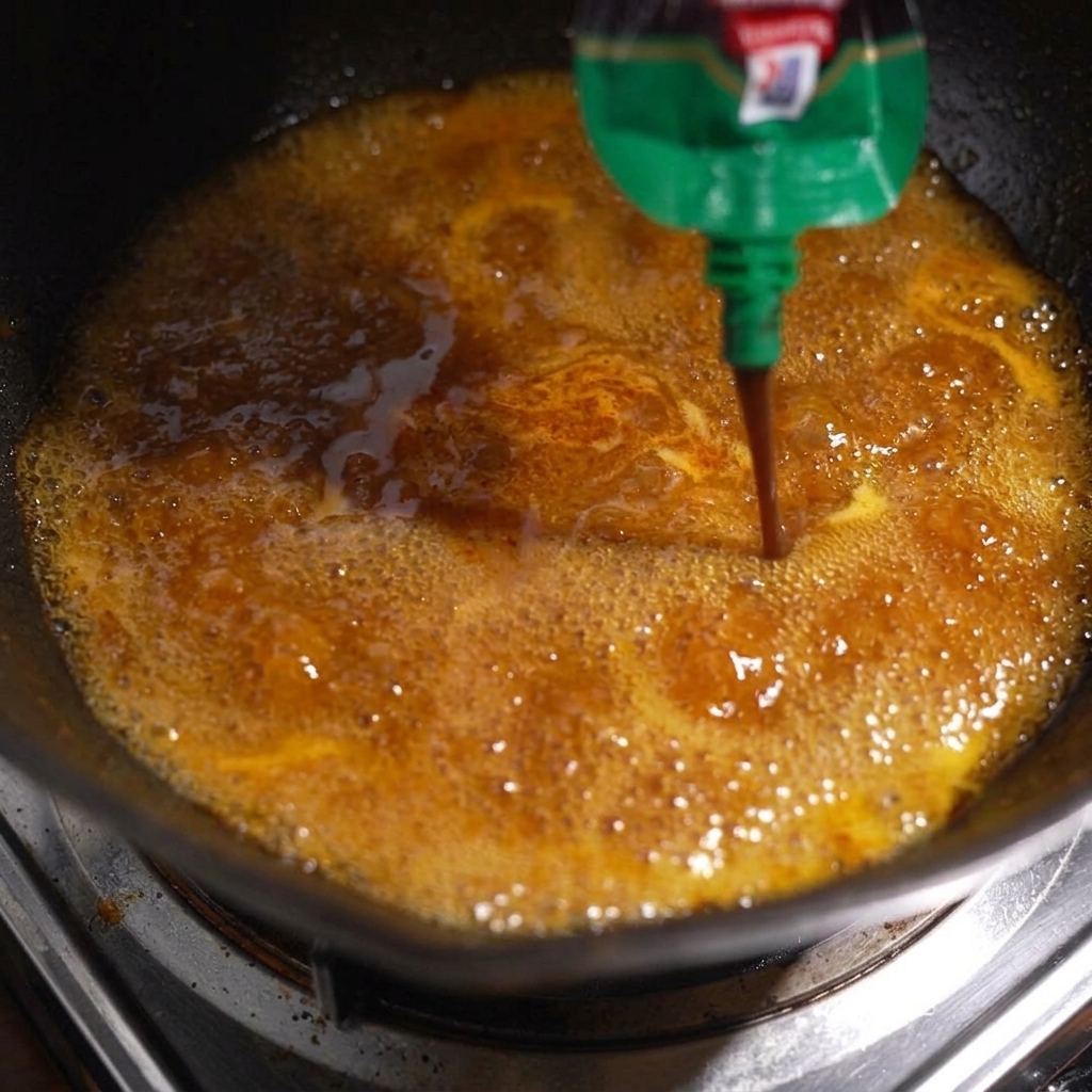 Pfeffersauce wird aus einer Flasche in die köchelnde, dunkle Kochflüssigkeit in der Pfanne gegeben.